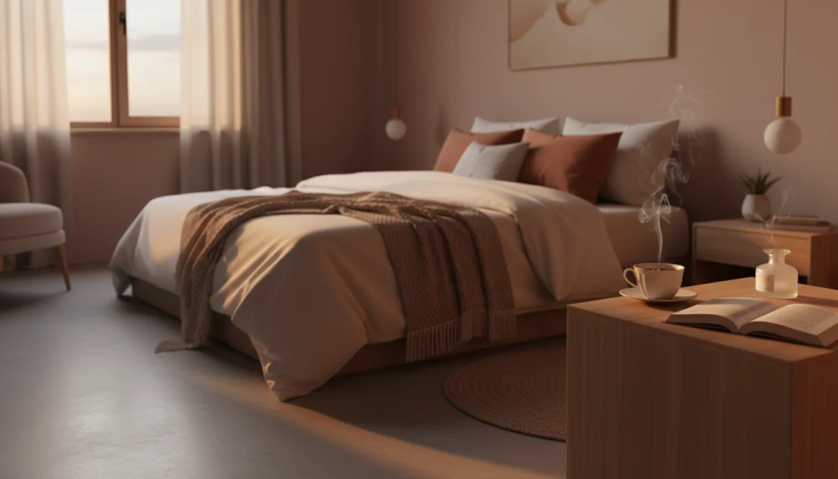 Camera da letto serena con routine serale sonno rilassante per dormire meglio