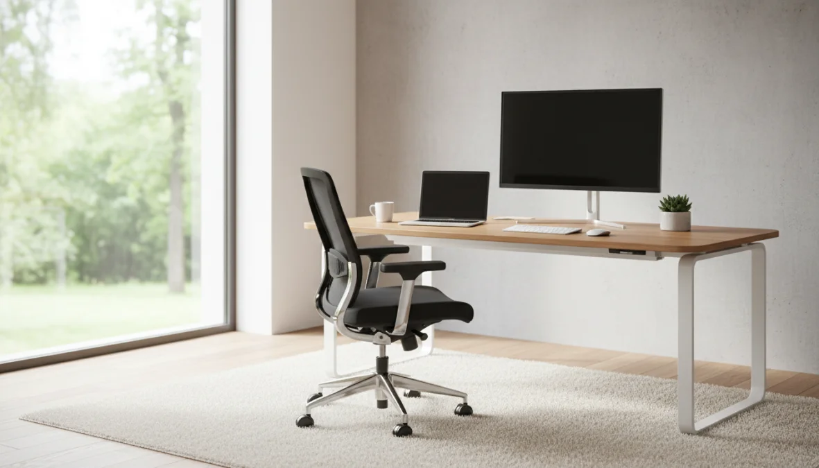 Postazione smart working casa moderna ed ergonomica con scrivania e illuminazione naturale