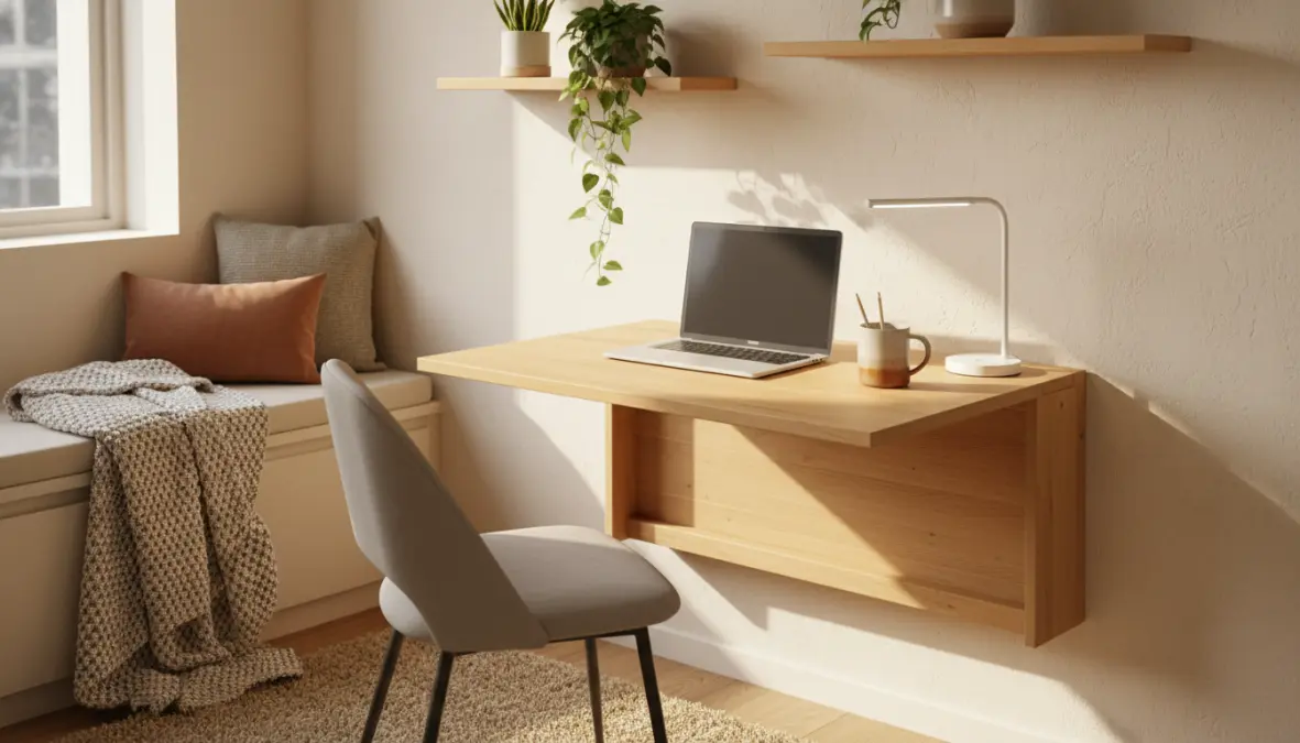Spazio lavoro domestico organizzato in appartamento piccolo con soluzioni salvaspazio