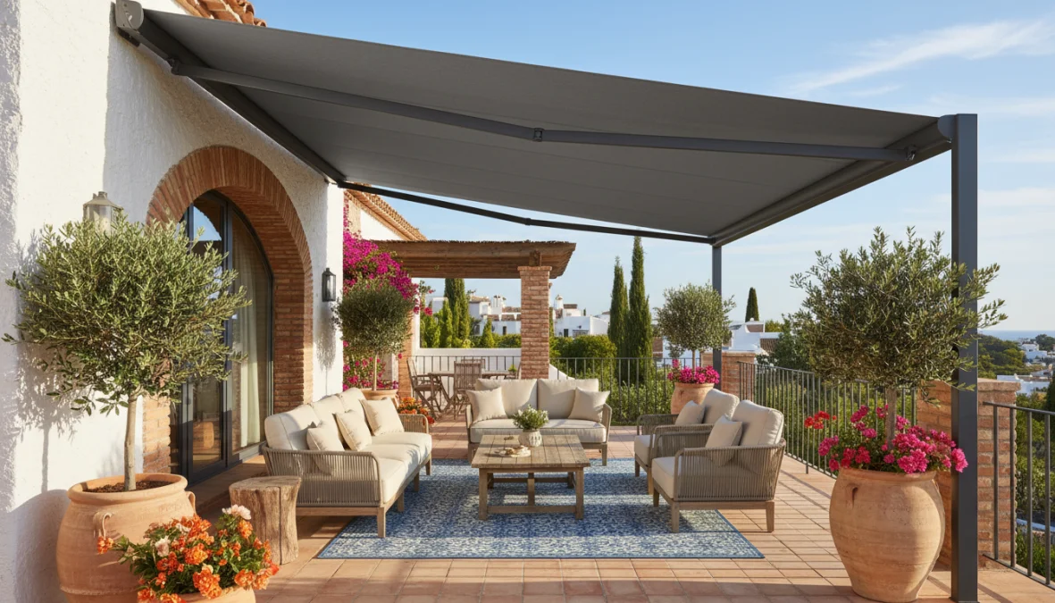 Tende da sole moderne installate su terrazzo soleggiato con vista panoramica