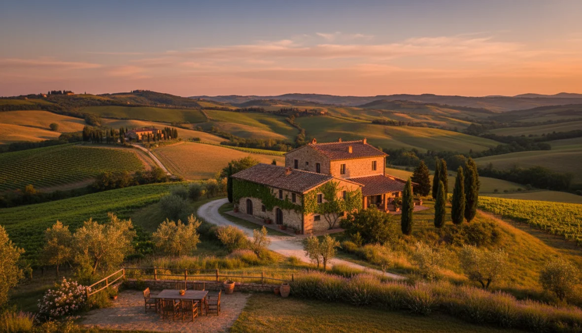 Weekend in agriturismo tra le colline toscane con vigneti e casale rustico al tramonto
