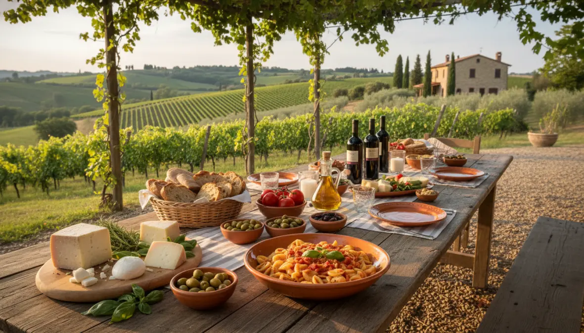 Tavola imbandita con prodotti tipici locali in agriturismo italiano per weekend relax