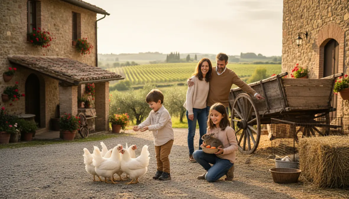 Famiglia con bambini in agriturismo weekend con animali della fattoria